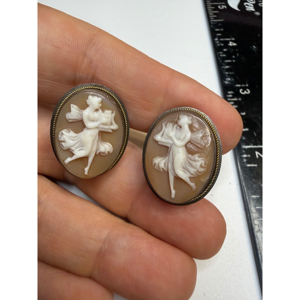 Sterling Silver Hand Carved Shell Cameo Screw Back Earrings Dancing Muse Lyre